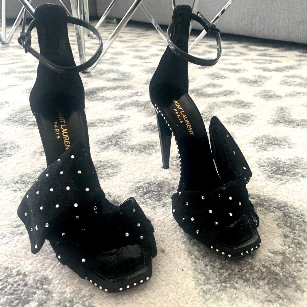 Designer Saint Laurent Freja Sandal bow with crystals SZ38 YSL evening event